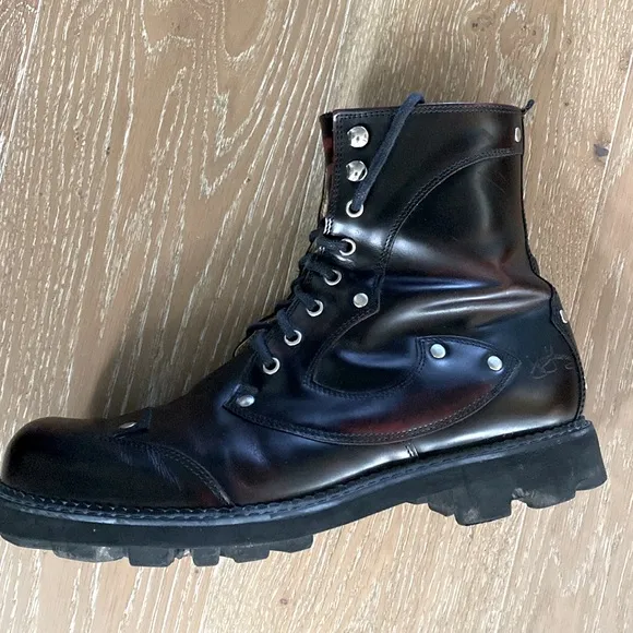 John Fluevog 7th Heaven Angels Derby combat boots burgundy rub off Mens 11 Y2K