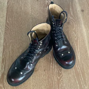 John Fluevog 7th Heaven Angels Derby combat boots burgundy rub off Mens 11 Y2K