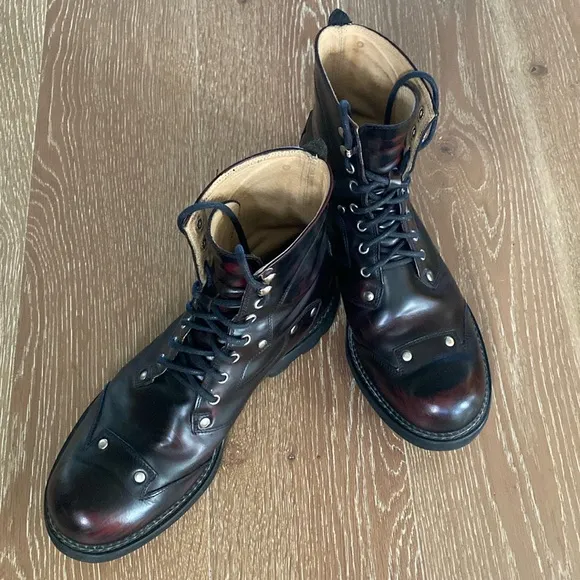John Fluevog 7th Heaven Angels Derby combat boots burgundy rub off Mens 11 Y2K