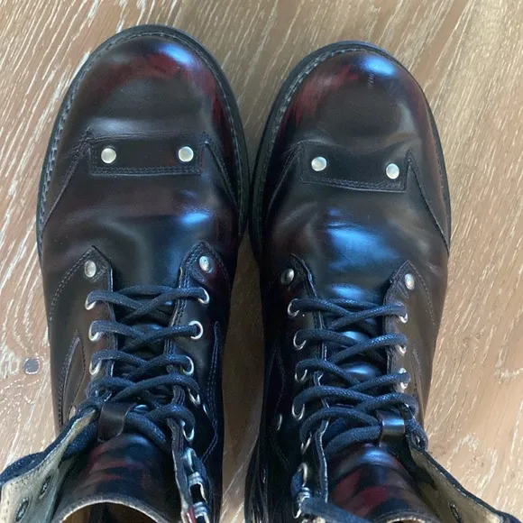 John Fluevog 7th Heaven Angels Derby combat boots burgundy rub off Mens 11 Y2K