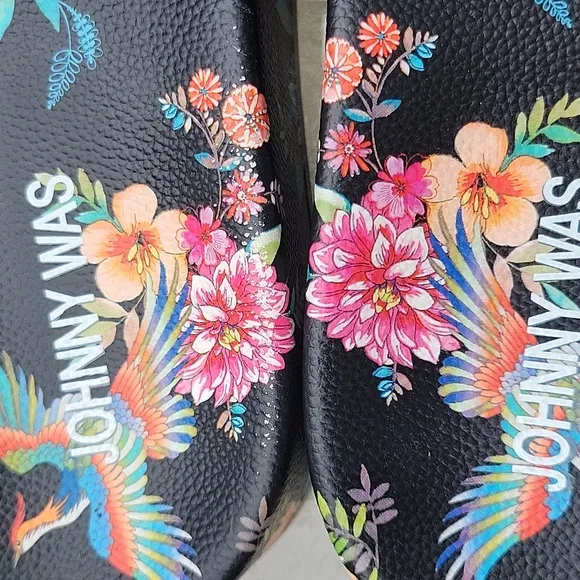 Johnny Was Dreamer Garden Platform Slide Black Floral Flip Flop Shoe New Sz.10