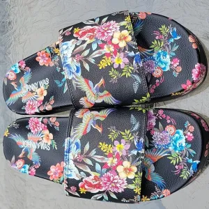 Johnny Was Dreamer Garden Platform Slide Black Floral Flip Flop Shoe New Sz.10