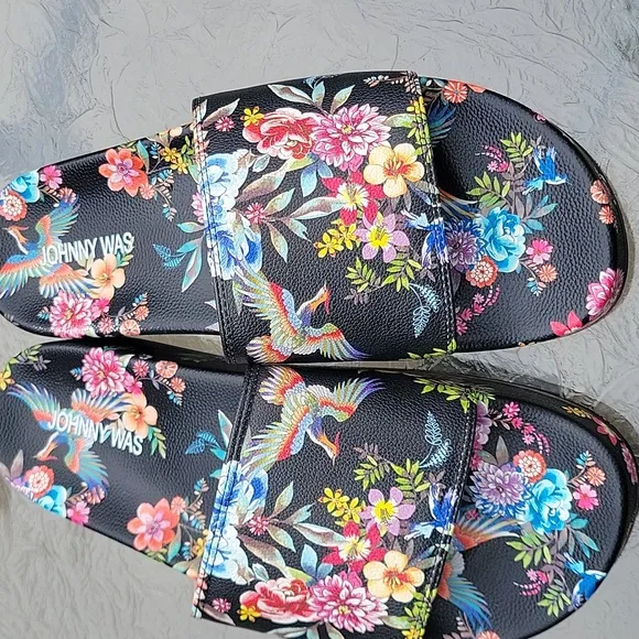 Johnny Was Dreamer Garden Platform Slide Black Floral Flip Flop Shoe New Sz.10
