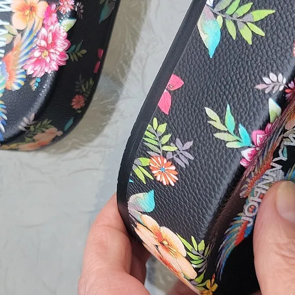 Johnny Was Dreamer Garden Platform Slide Black Floral Flip Flop Shoe New Sz.10