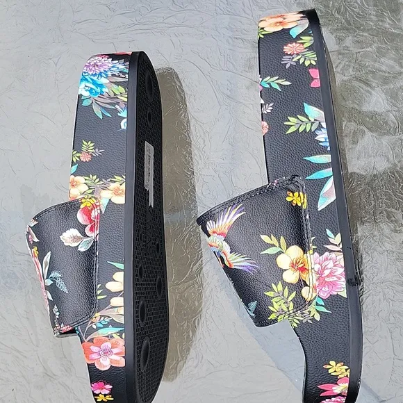 Johnny Was Dreamer Garden Platform Slide Black Floral Flip Flop Shoe New Sz.10