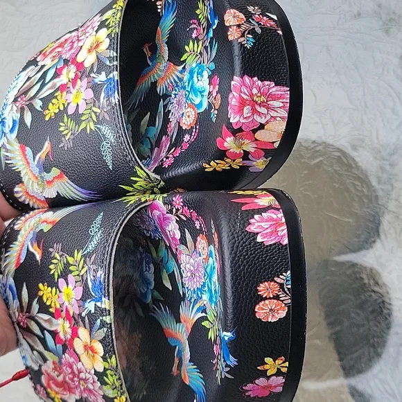 Johnny Was Dreamer Garden Platform Slide Black Floral Flip Flop Shoe New Sz.10