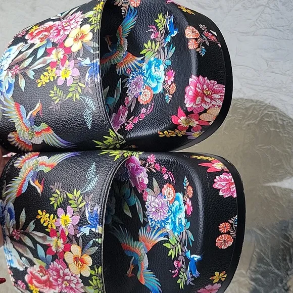 Johnny Was Dreamer Garden Platform Slide Black Floral Flip Flop Shoe New Sz.10