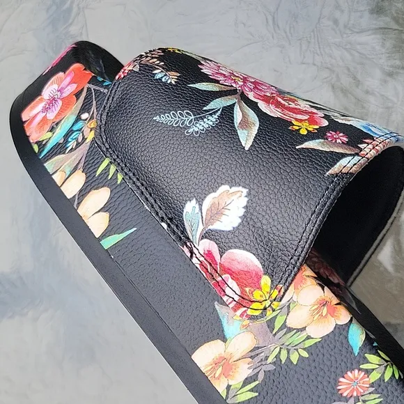 Johnny Was Dreamer Garden Platform Slide Black Floral Flip Flop Shoe New Sz.10