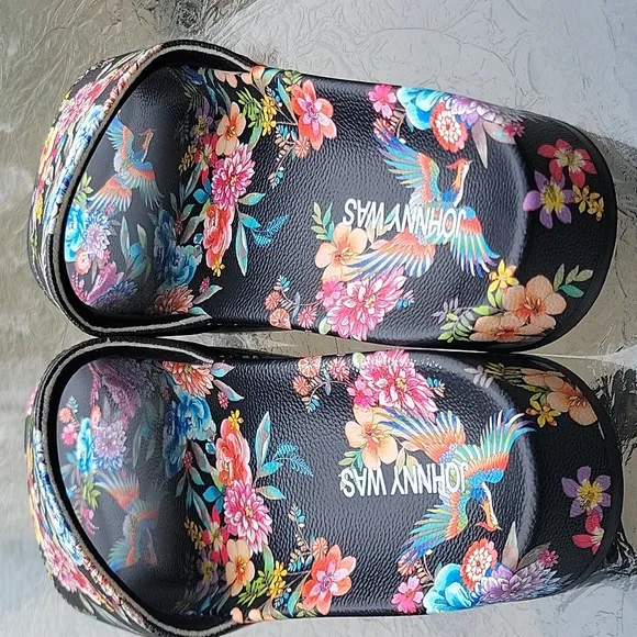 Johnny Was Dreamer Garden Platform Slide Black Floral Flip Flop Shoe New Sz.10