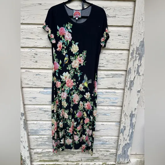 Johnny Was The Janie Favorite Cap Sleeve Floral Hawaiian Jersey Knit Maxi Dress