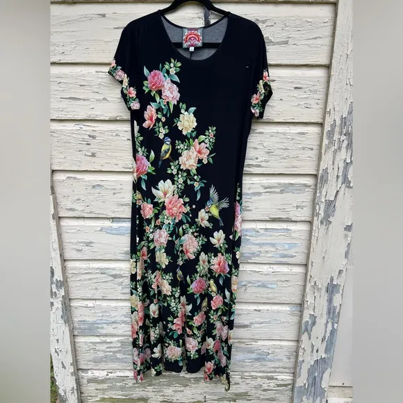 Johnny Was The Janie Favorite Cap Sleeve Floral Hawaiian Jersey Knit Maxi Dress