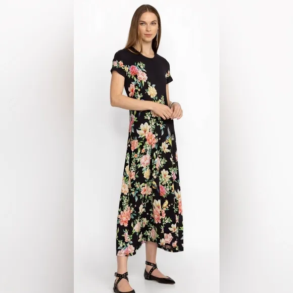 Johnny Was The Janie Favorite Cap Sleeve Floral Hawaiian Jersey Knit Maxi Dress