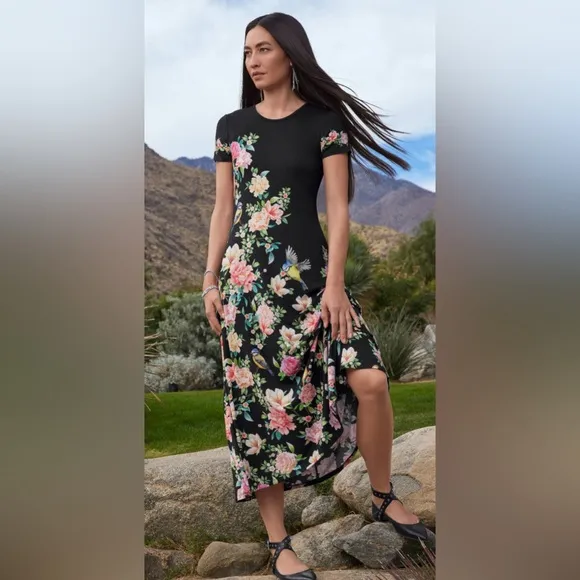 Johnny Was The Janie Favorite Cap Sleeve Floral Hawaiian Jersey Knit Maxi Dress