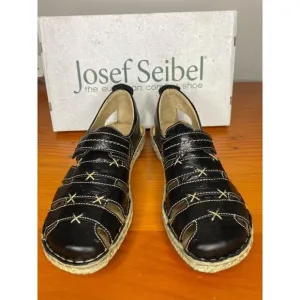 Josef Seibel Black Leather Sandals Adjustable Strap Comfort Size 37/6 Padded