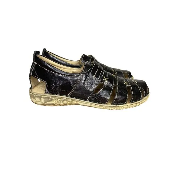 Josef Seibel Black Leather Sandals Adjustable Strap Comfort Size 37/6 Padded