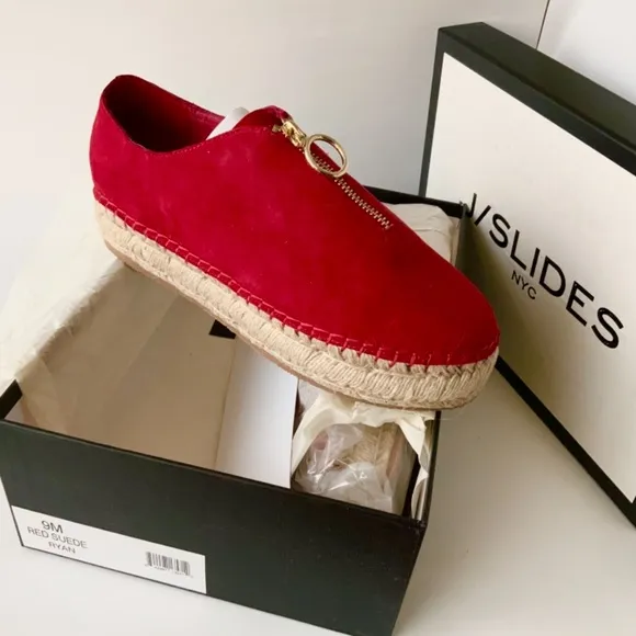 J/Slides Ryan Red Suede Zip Up Espadrilles Loafers