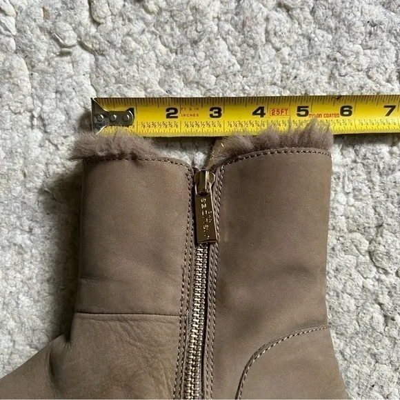 J/Slides Tristan Suede Tan and Gold Zipper Faux Fur Platform Sneaker Bootie Sz 7