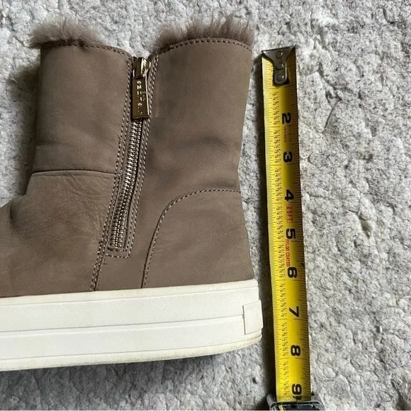J/Slides Tristan Suede Tan and Gold Zipper Faux Fur Platform Sneaker Bootie Sz 7
