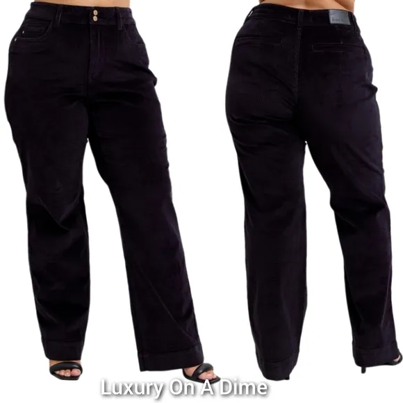 Judy Blue High-Rise Corduroy Double Button Pants Relaxed Boyfriend Wide Leg