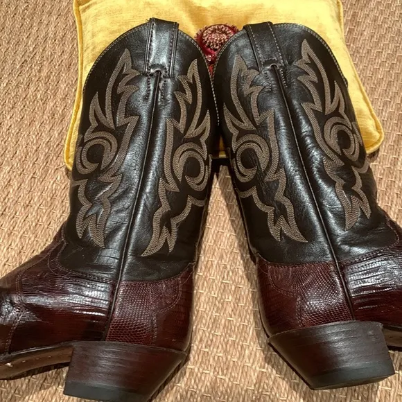 JUSTIN LIZARD &amp; LEATHER VINTAGE 1989/90 WESTERN BOOTS EMBROIDERED BROWN 7 1/2