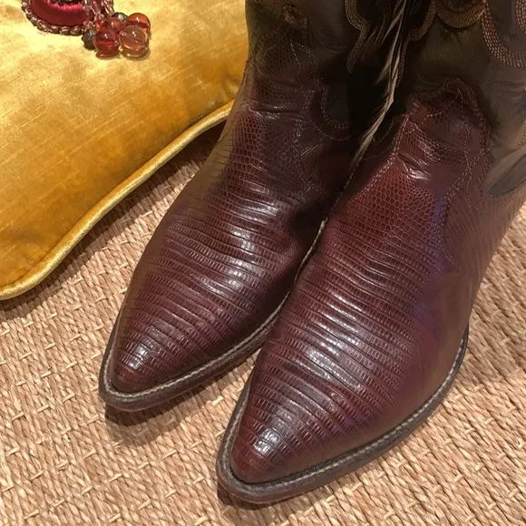 JUSTIN LIZARD &amp; LEATHER VINTAGE 1989/90 WESTERN BOOTS EMBROIDERED BROWN 7 1/2