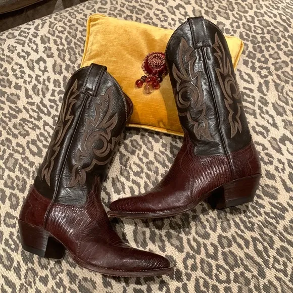 JUSTIN LIZARD &amp; LEATHER VINTAGE 1989/90 WESTERN BOOTS EMBROIDERED BROWN 7 1/2