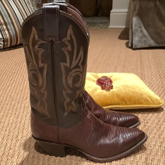JUSTIN LIZARD &amp; LEATHER VINTAGE 1989/90 WESTERN BOOTS EMBROIDERED BROWN 7 1/2