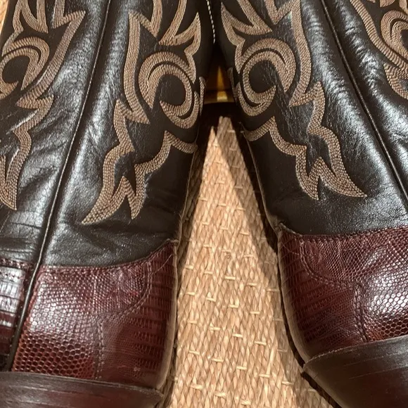 JUSTIN LIZARD &amp; LEATHER VINTAGE 1989/90 WESTERN BOOTS EMBROIDERED BROWN 7 1/2