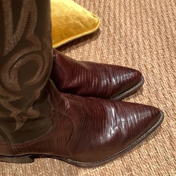 JUSTIN LIZARD &amp; LEATHER VINTAGE 1989/90 WESTERN BOOTS EMBROIDERED BROWN 7 1/2