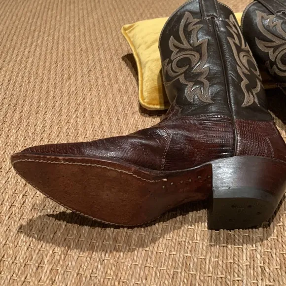 JUSTIN LIZARD &amp; LEATHER VINTAGE 1989/90 WESTERN BOOTS EMBROIDERED BROWN 7 1/2