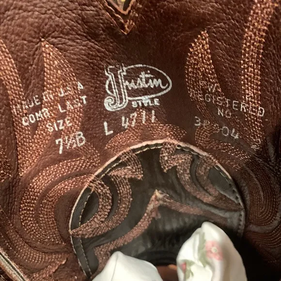 JUSTIN LIZARD &amp; LEATHER VINTAGE 1989/90 WESTERN BOOTS EMBROIDERED BROWN 7 1/2