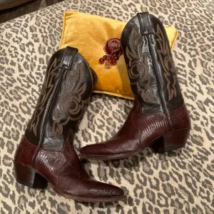 JUSTIN LIZARD &amp; LEATHER VINTAGE 1989/90 WESTERN BOOTS EMBROIDERED BROWN 7 1/2