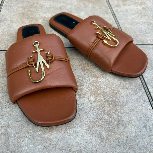 JW Anderson Anchor Logo Leather Slides Tan Brown