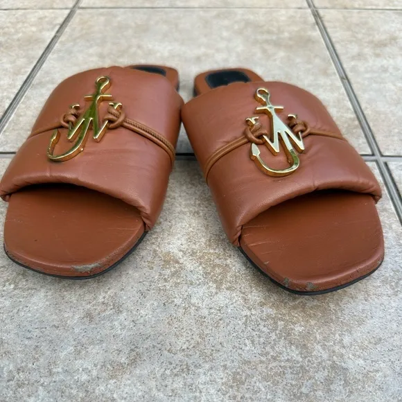 JW Anderson Anchor Logo Leather Slides Tan Brown