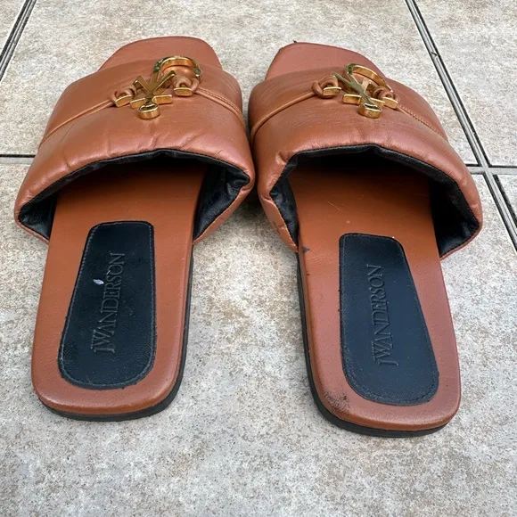 JW Anderson Anchor Logo Leather Slides Tan Brown