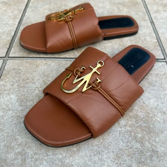 JW Anderson Anchor Logo Leather Slides Tan Brown