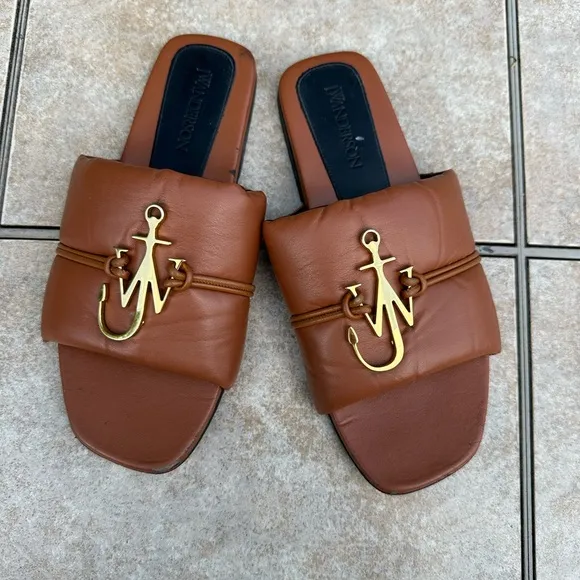 JW Anderson Anchor Logo Leather Slides Tan Brown