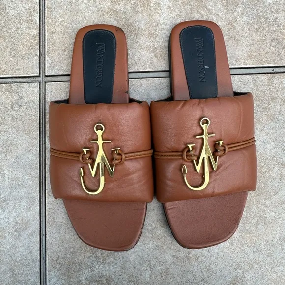JW Anderson Anchor Logo Leather Slides Tan Brown