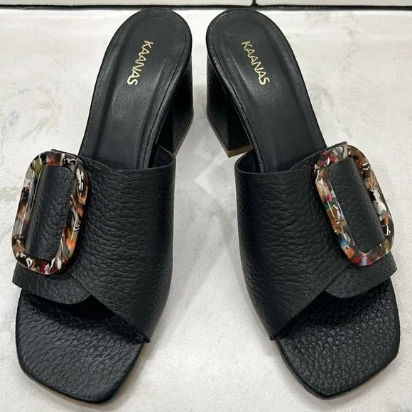 KAANAS Comino Buckle Heeled Slide Sandals Black Pebbled Leather