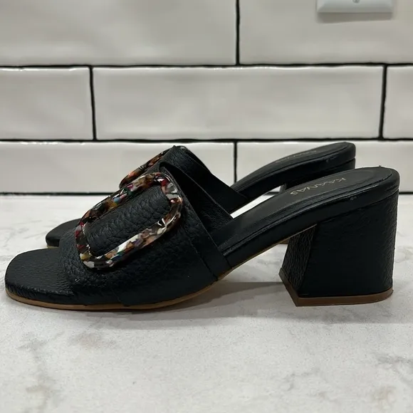 KAANAS Comino Buckle Heeled Slide Sandals Black Pebbled Leather