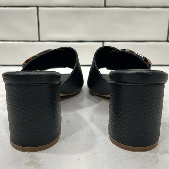 KAANAS Comino Buckle Heeled Slide Sandals Black Pebbled Leather