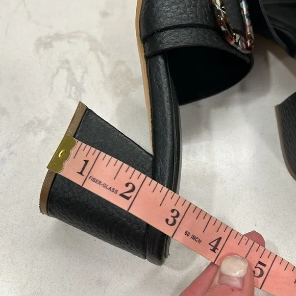 KAANAS Comino Buckle Heeled Slide Sandals Black Pebbled Leather