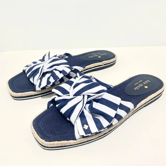 Kate Spade Caliana Stripe Slide Sandal Navy White Flat Designer Summer Shoe 8.5