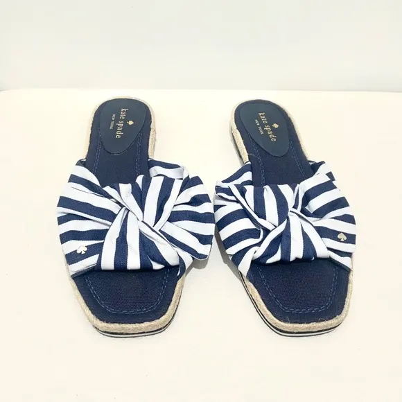 Kate Spade Caliana Stripe Slide Sandal Navy White Flat Designer Summer Shoe 8.5