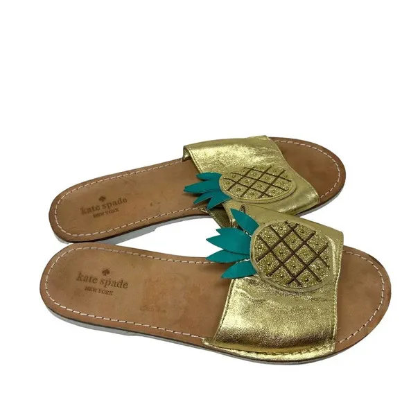 Kate Spade Ibis Embroidered Pineapple Slide Sandals In Gold Size US 9