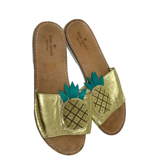 Kate Spade Ibis Embroidered Pineapple Slide Sandals In Gold Size US 9