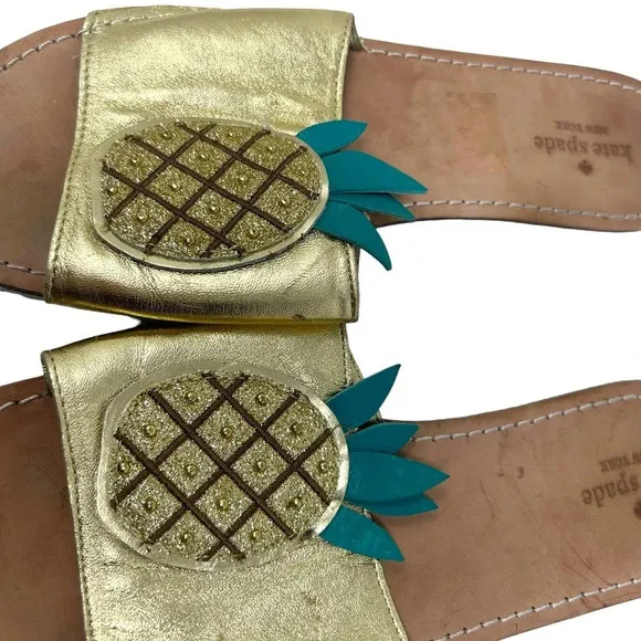Kate Spade Ibis Embroidered Pineapple Slide Sandals In Gold Size US 9