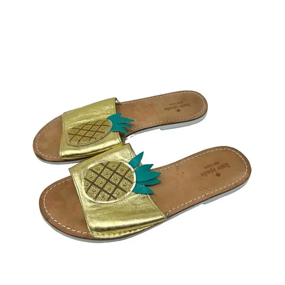 Kate Spade Ibis Embroidered Pineapple Slide Sandals In Gold Size US 9
