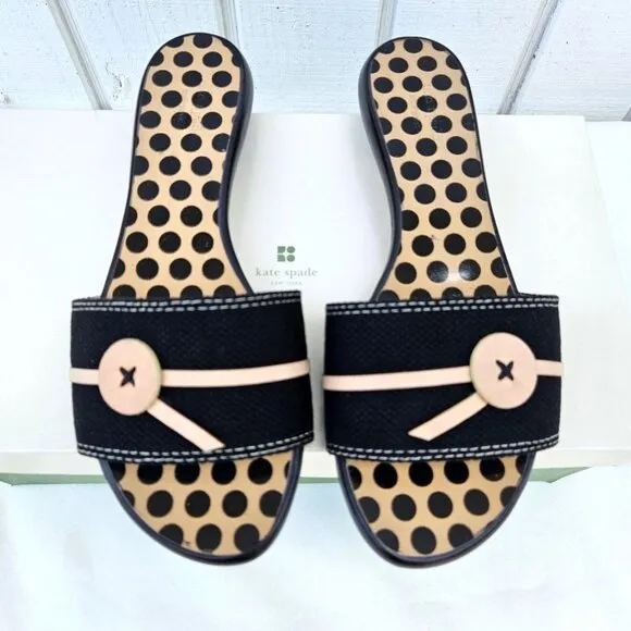 Kate Spade NEW &quot;Toby&quot; Black &amp; Natural Canvas &amp; Leather Slide Sandals NWT Sz 6B