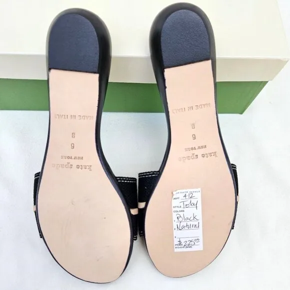 Kate Spade NEW &quot;Toby&quot; Black &amp; Natural Canvas &amp; Leather Slide Sandals NWT Sz 6B